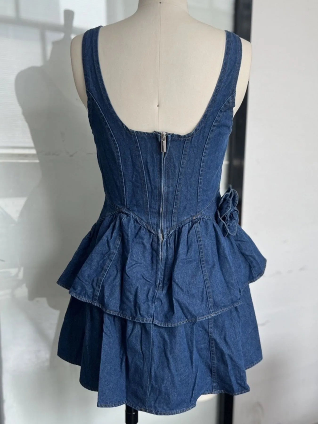 Ruffled Layered Scoop Neck Denim Dress | Daverri Fashions