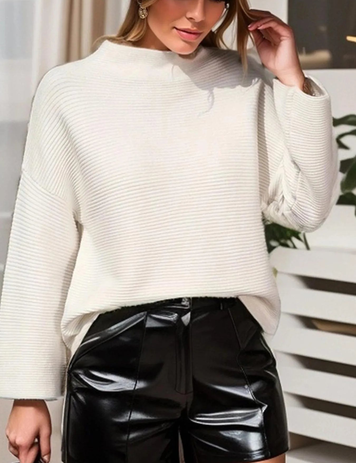 Mock Neck Drop Shoulder Knit Top | Knit Tops Daverri Fashions