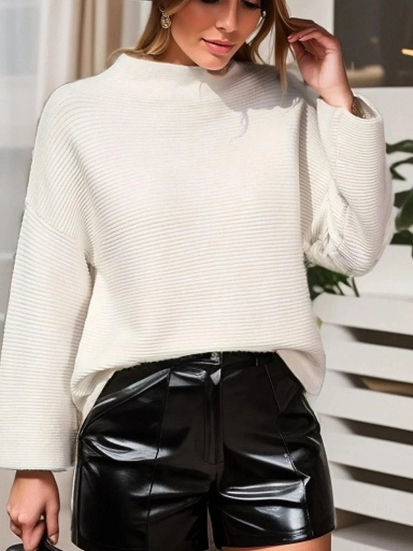 Mock Neck Drop Shoulder Knit Top | Knit Tops Daverri Fashions
