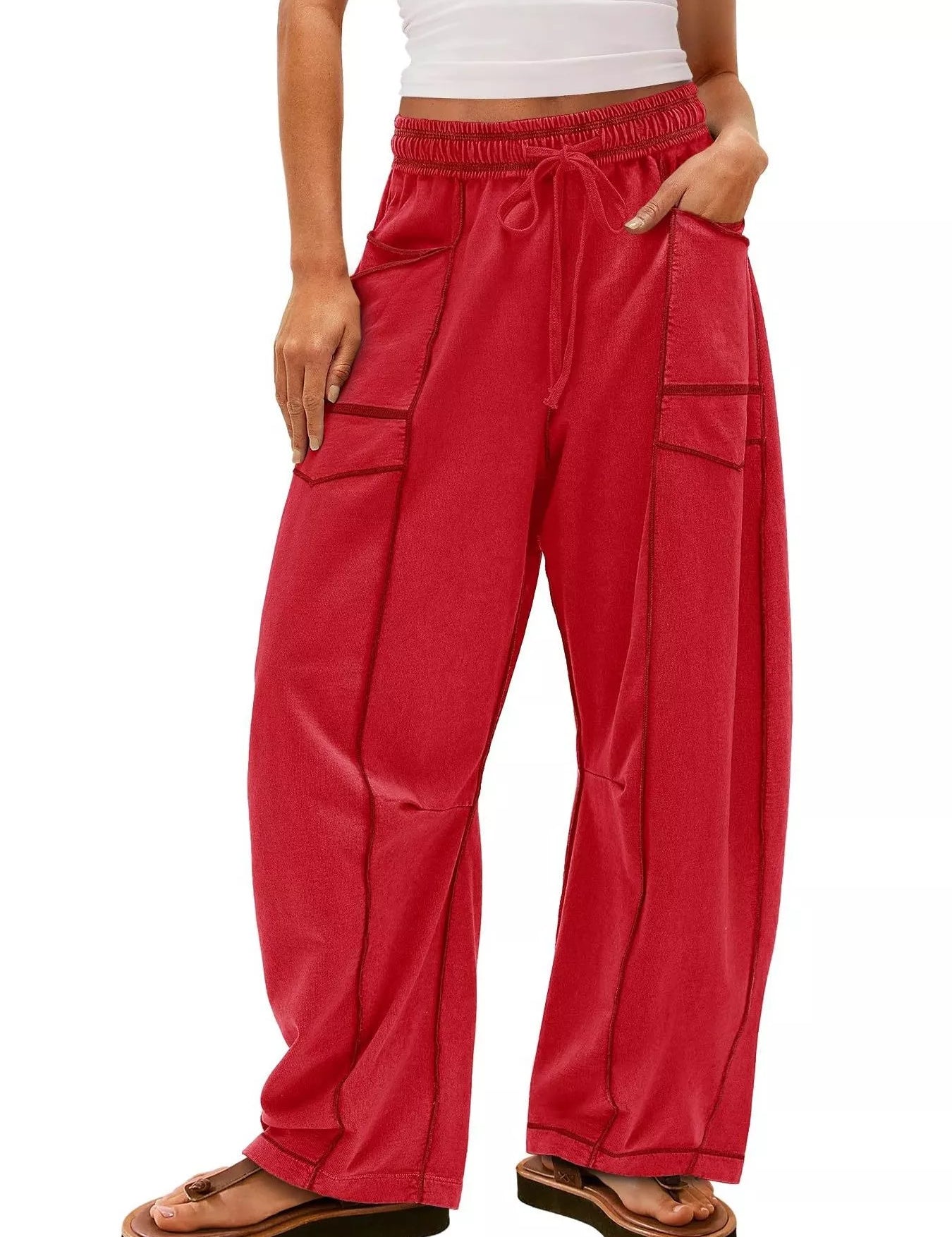 Deep Red Drawstring Wide Leg Elastic Waist Pants | Pants Daverri Fashions