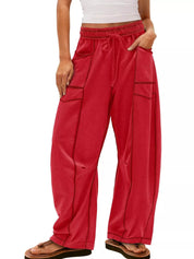 Deep Red Drawstring Wide Leg Elastic Waist Pants | Pants Daverri Fashions