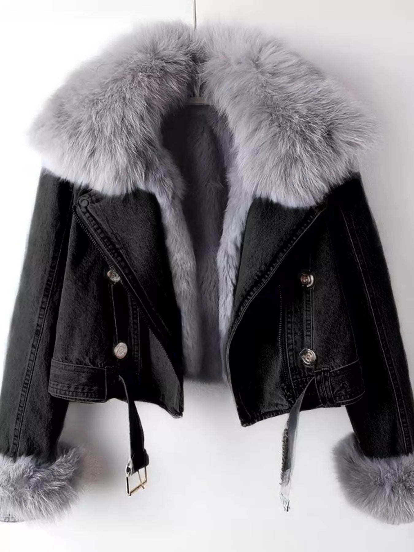 Black Full Size Faux Fur Collar Denim Jacket Plus Size | Jackets Daverri Fashions