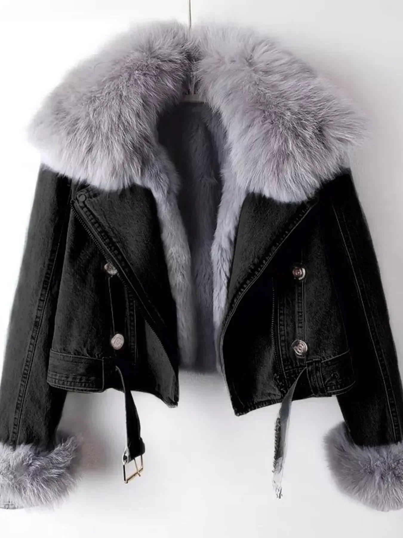 Full Size Faux Fur Collar Denim Jacket Plus Size - DAVERRI FASHIONS