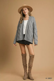 Umgee Chunky Cable Knit Open Front Cardigan Grey | Cardigans Daverri Fashions
