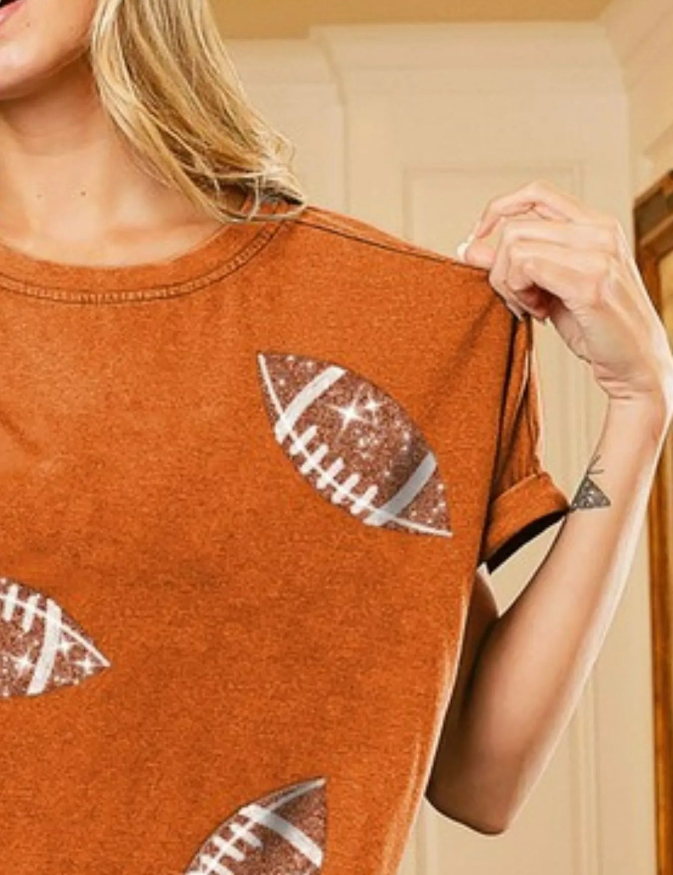 BiBi Football Sequin Embroidery Vintage Washed Top | Tops Daverri Fashions