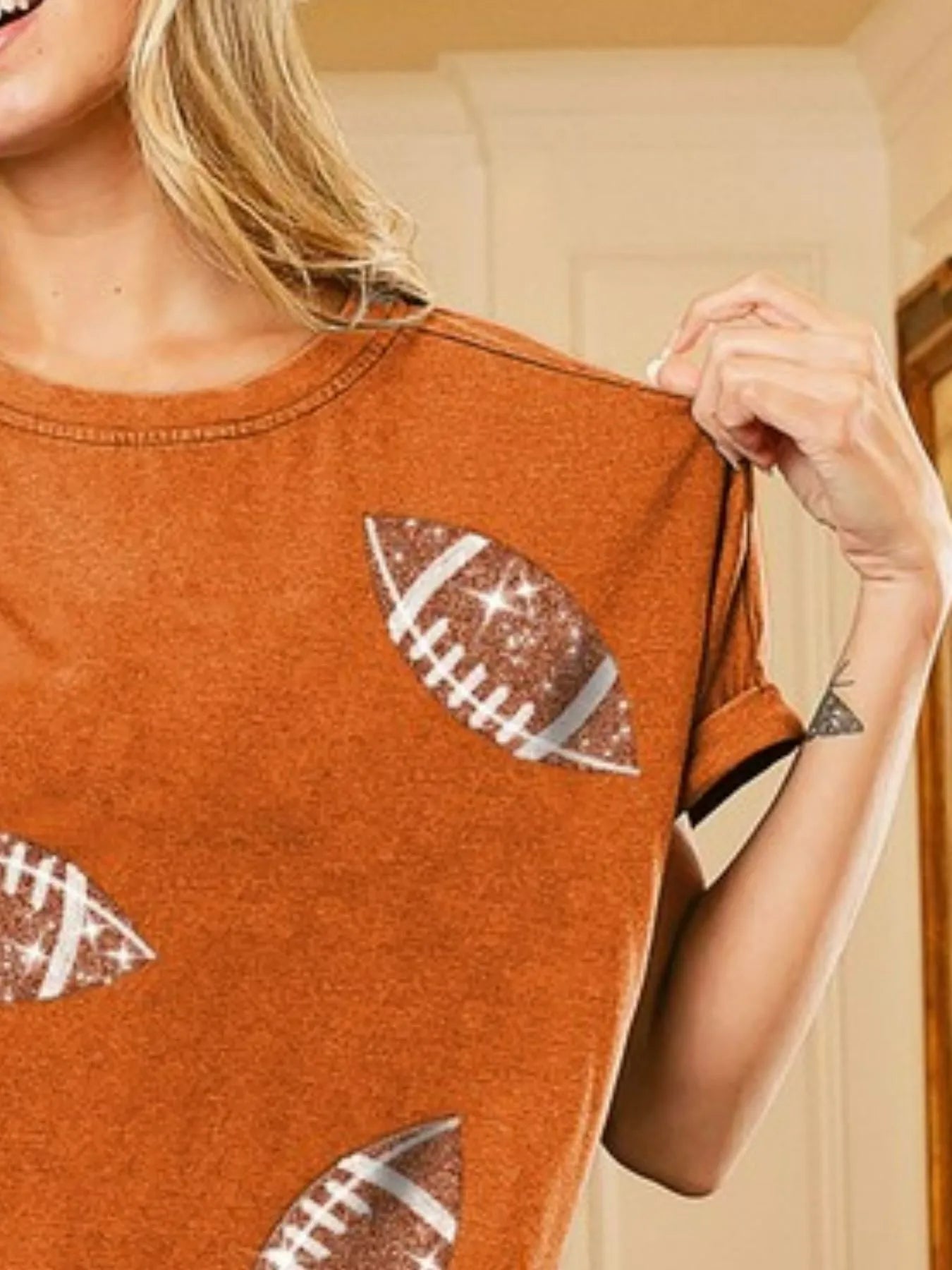 BiBi Football Sequin Embroidery Vintage Washed Top | Tops Daverri Fashions