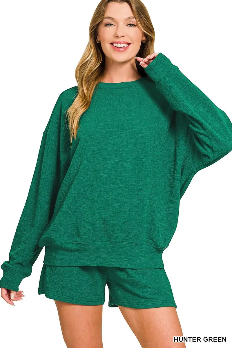 HUNTER GREEN Zenana Slub Long Sleeve Top and Shorts Set | Loungewear Sets Daverri Fashions