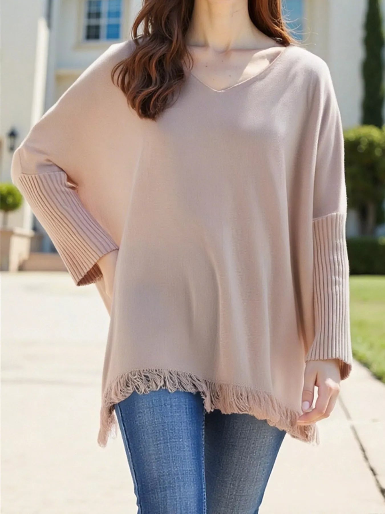 Raw Hem V-Neck Sweater | Sweaters Daverri Fashions