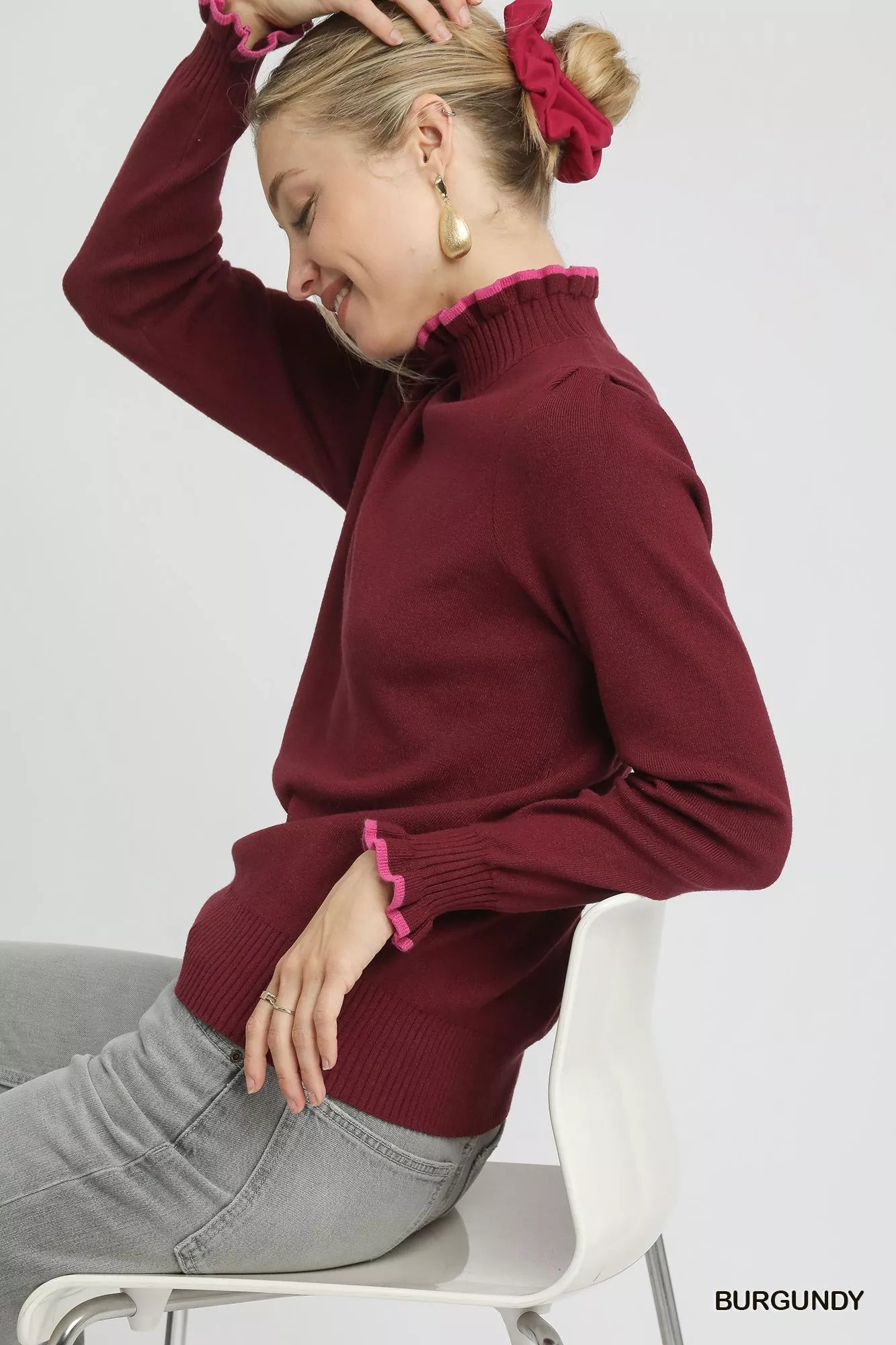Umgee Ribbed Round Neck Sweater with Ruffle Contrast Trim | Sweaters Daverri Fashions