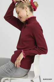 Umgee Ribbed Round Neck Sweater with Ruffle Contrast Trim | Sweaters Daverri Fashions