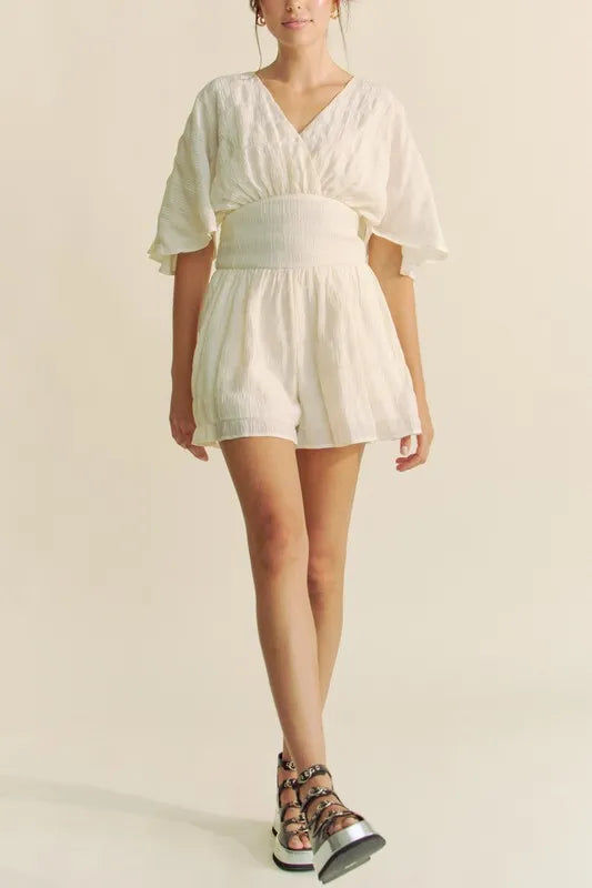 Davi & Dani Batwing Sleeve Waist Belt Romper | Rompers Daverri Fashions