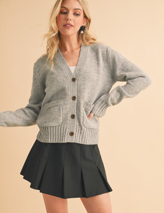 Aemi + Co Ribbed Hem Button Down V-Neck Cardigan Gray