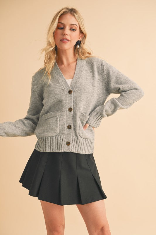 Aemi + Co Ribbed Hem Button Down V-Neck Cardigan Gray