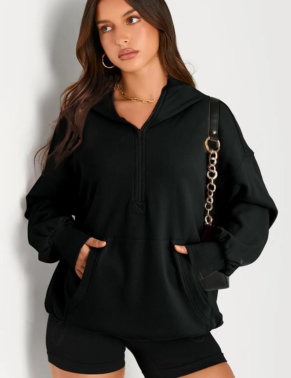 Black Pocketed Half Zip Long Sleeve Hoodie | Hoodies Daverri Fashions