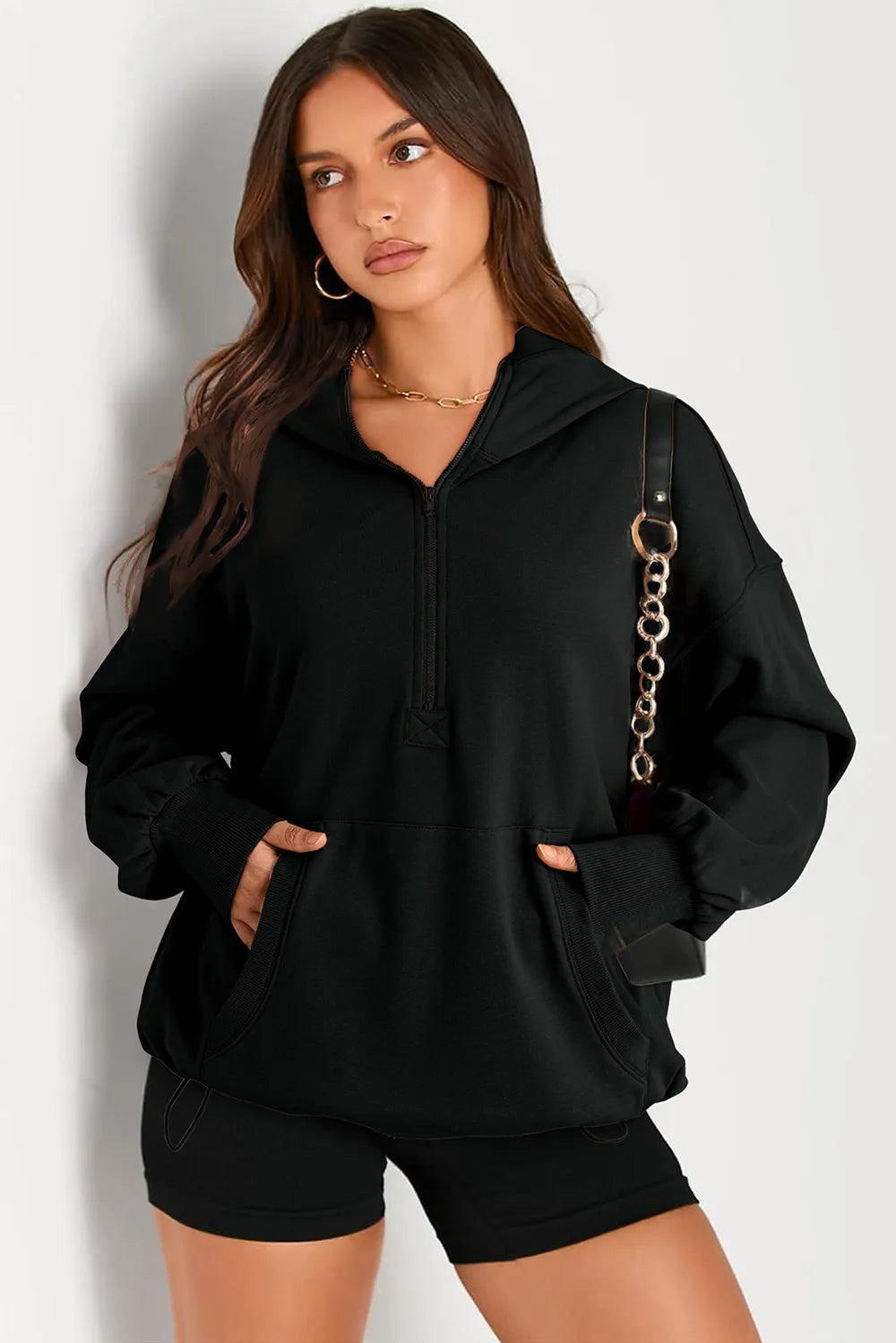 Black Pocketed Half Zip Long Sleeve Hoodie | Hoodies Daverri Fashions
