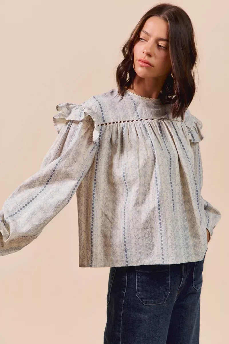 SO ME Floral Cotton Print Ruffled Long Sleeve Blouse - DAVERRI FASHIONS