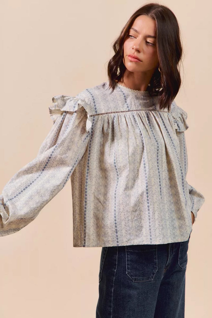 SO ME Floral Cotton Print Ruffled Long Sleeve Blouse | Daverri Fashions