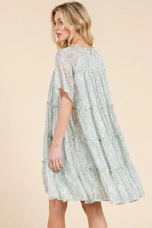 Lime 'N' Chili Ditsy Floral Print Sheer Ruffle Detail Mini Dress - DAVERRI FASHIONS