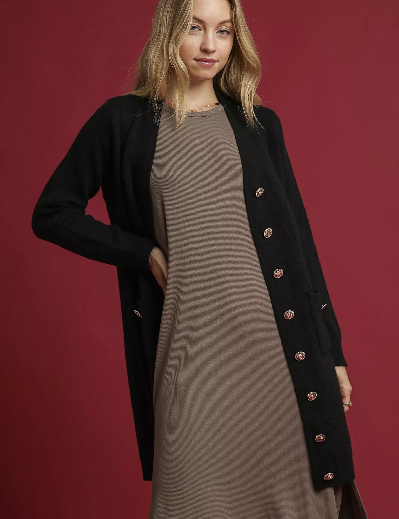 Black Umgee Button-Down Longline Sweater Cardigan with Front Pockets | Daverri Fashions