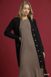 Black Umgee Button-Down Longline Sweater Cardigan with Front Pockets | Daverri Fashions