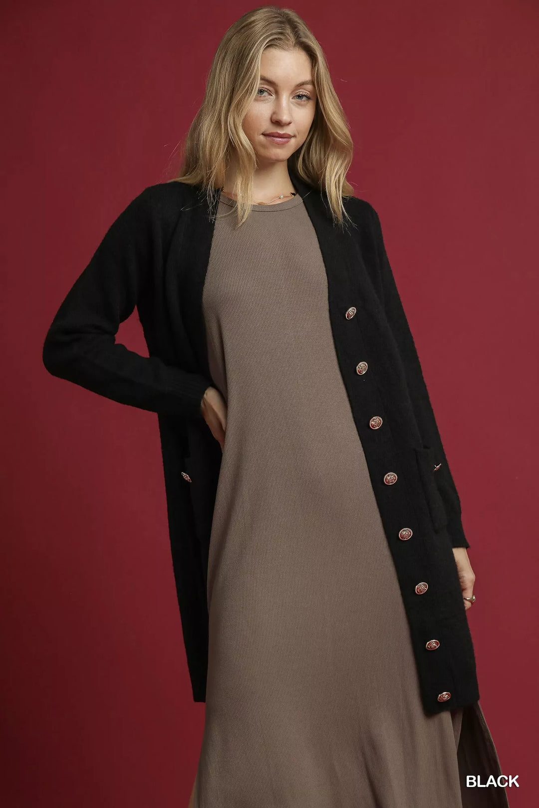 Black Umgee Button-Down Longline Sweater Cardigan with Front Pockets | Daverri Fashions
