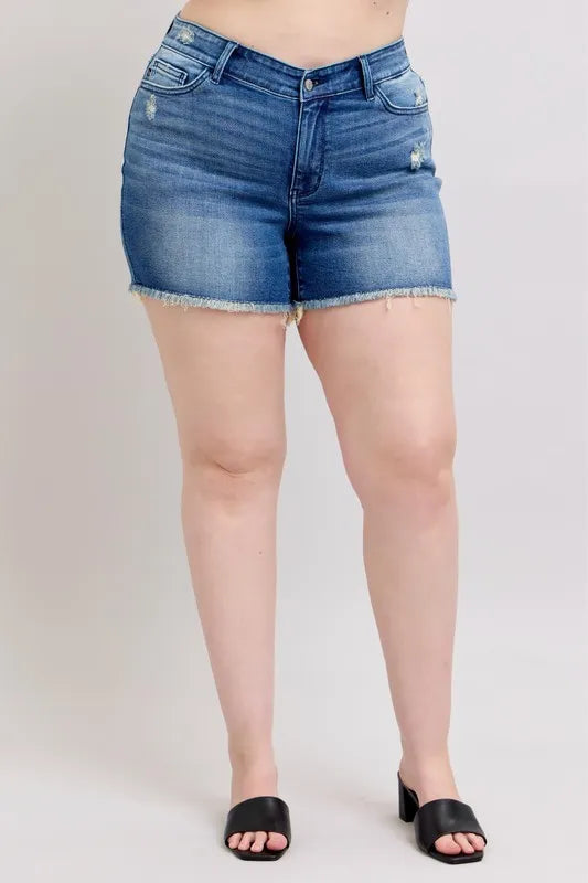 Judy Blue Full Size V-Front Denim Shorts with Shield Pockets Plus Size | Daverri Fashions