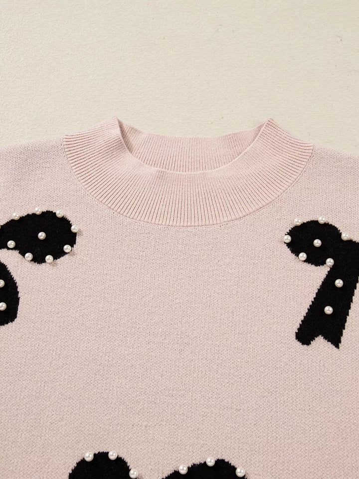 Pearl Embellished Bow Pattern Loose Sweater | Sweaters Daverri Fashions