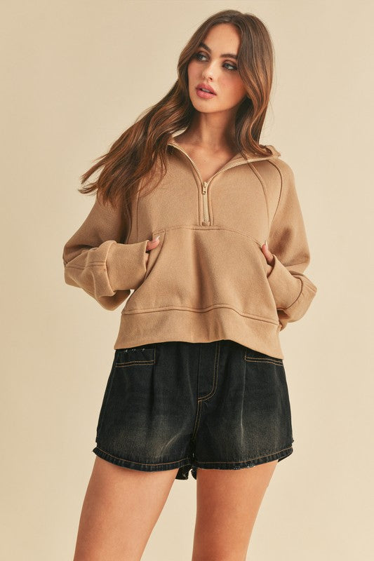 Aemi + Co Half Zip Raglan Sleeve Hoodie with Kangaroo Pocket Camel