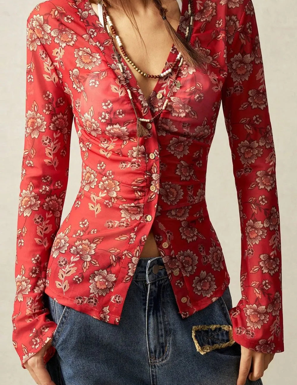 Floral Button-Front Shirt with Bell Sleeves | Shirts Daverri Fashions