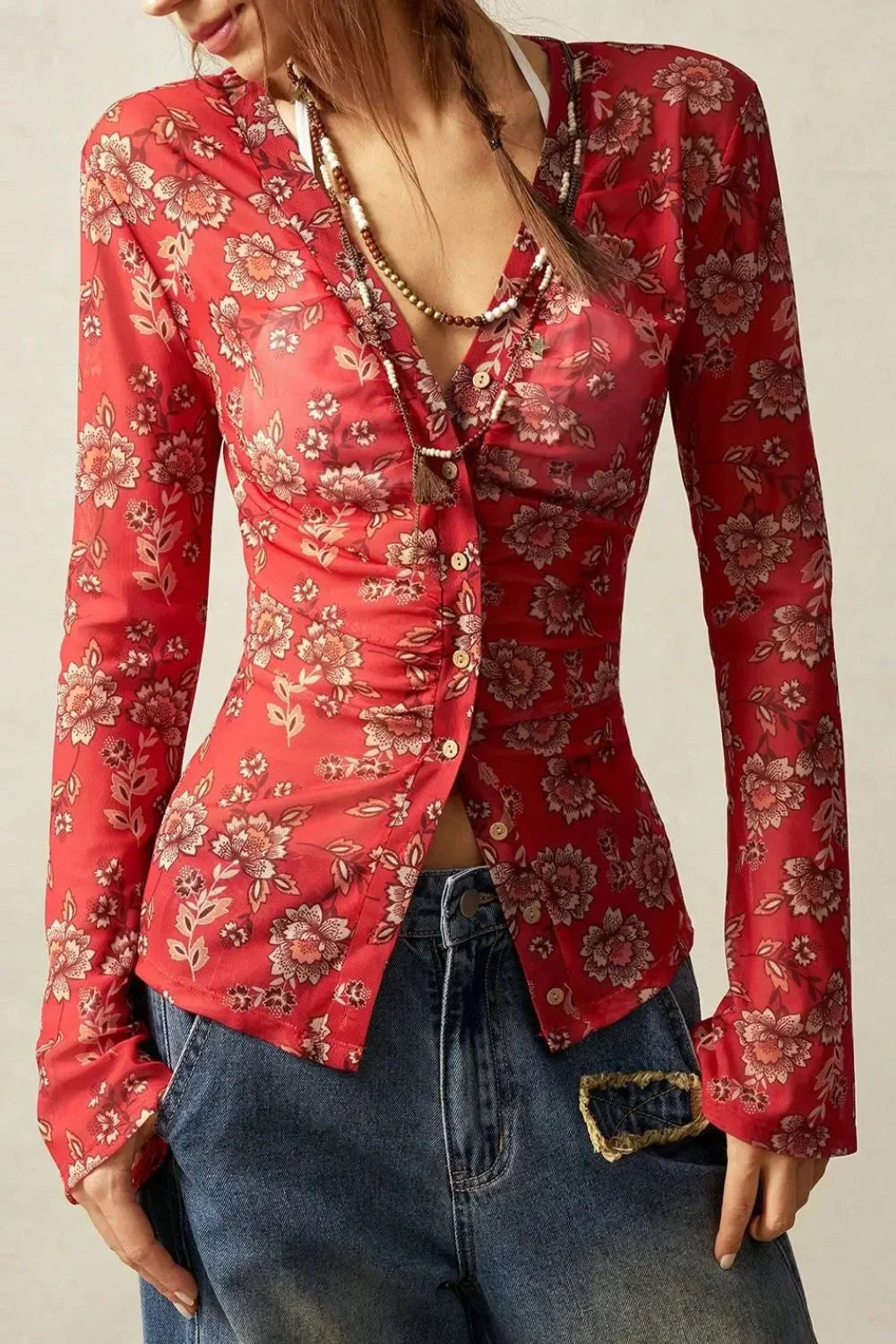 Floral Button-Front Shirt with Bell Sleeves - DAVERRI FASHIONS