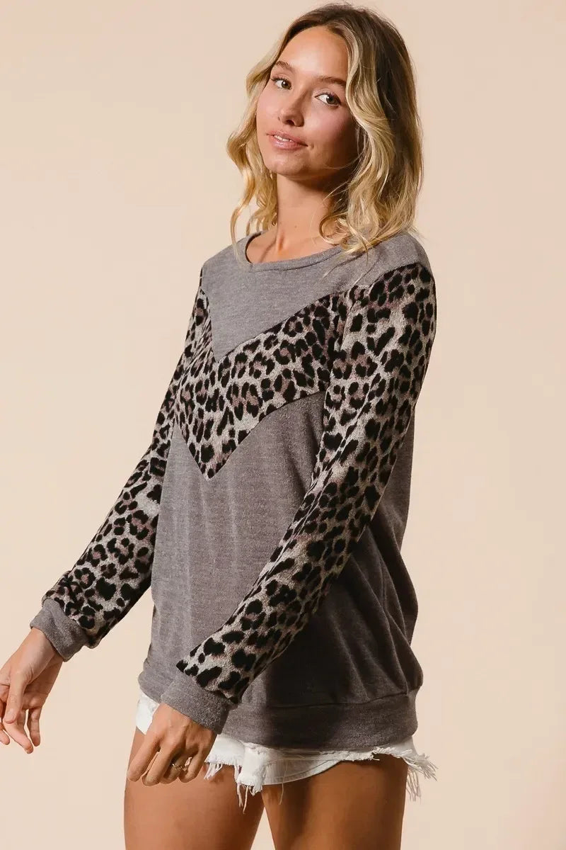 BiBi Sweater Knit Top With Leopard V Shape Block - DAVERRI FASHIONS