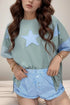 Light blue star-patterned oversized frayed denim t-shirt
