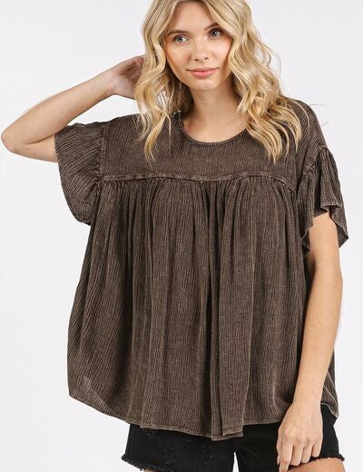 Mittoshop Mineral Washed Round Neck Ruffle Sleeve Blouse