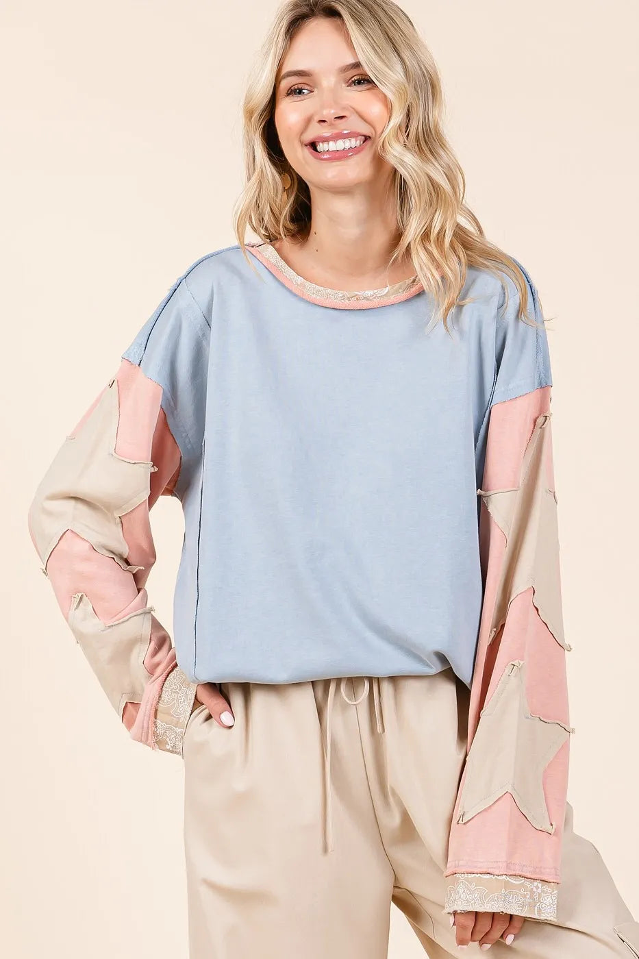 Mittoshop Star Patch Long Sleeve Colorblock Mineral Wash Top BLUE Tops