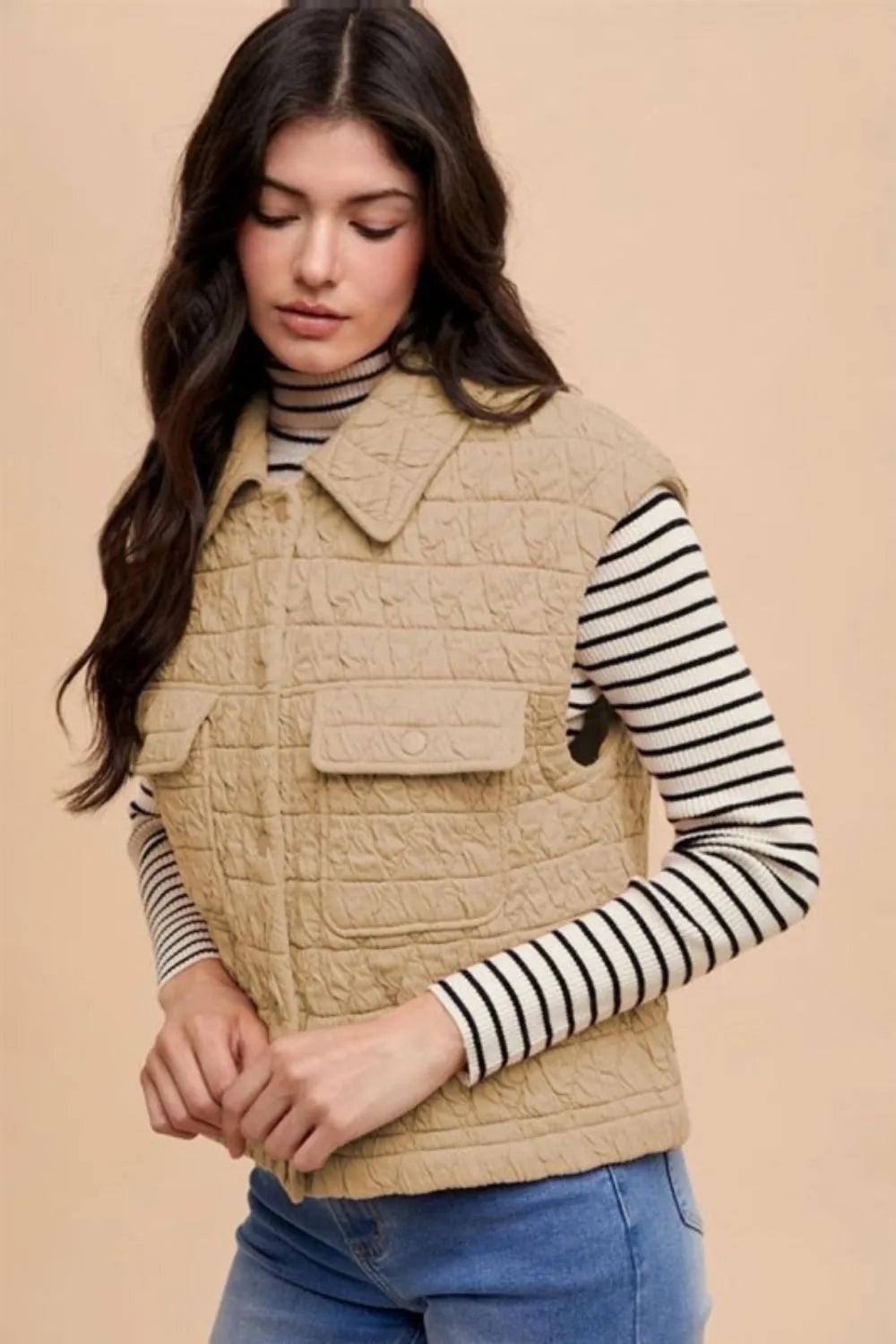 Annie Wear Texture Quilted Snap Down Vest Coat Tan