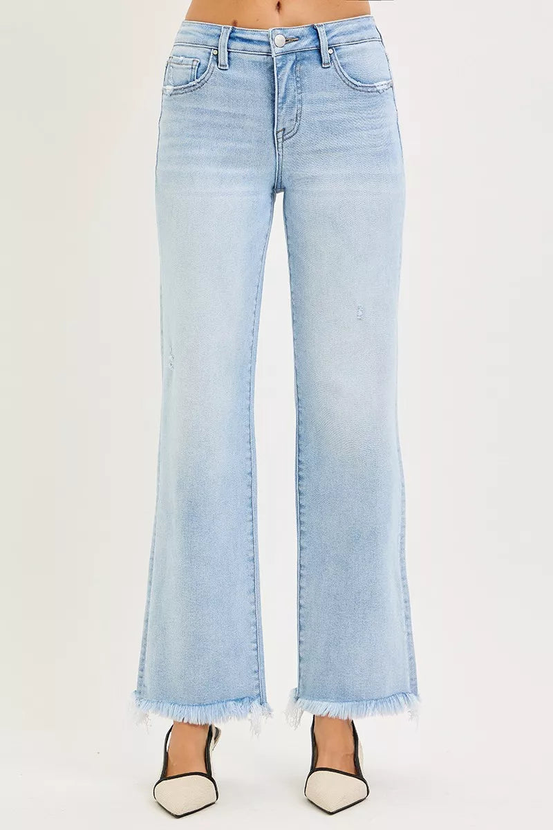Light-wash Risen tummy control mid-rise flare jeans with frayed hems