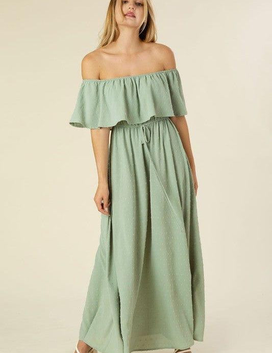 Swiss Dot Off-Shoulder Maxi Dress Sage Maxi Dresses