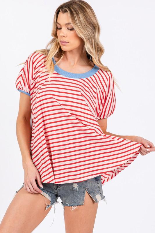 Ces Femme Striped Round Neck Short Sleeve T-Shirt T-Shirts