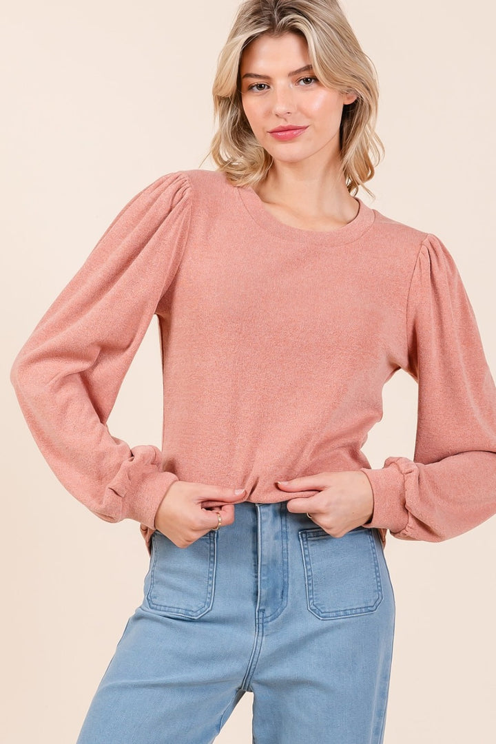 Mittoshop Round Neck Long Sleeve Rib Knit Top Coral