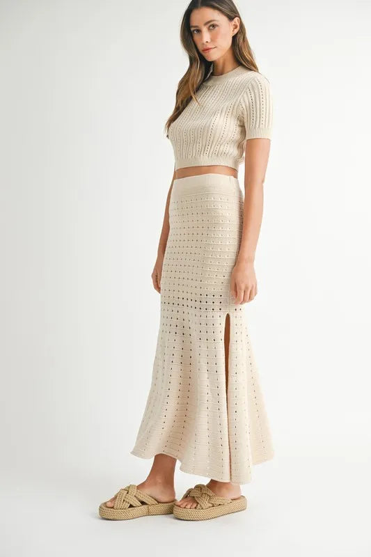 MABLE Pointelle Short Sleeve Crop Top and Slit Skirt Sweater Set | Outfit Sets Daverri Fashions