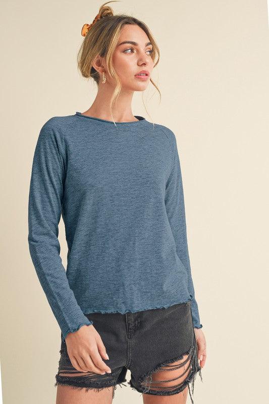 Aemi + Co Lettuce Hemline Round Neck Raglan Sleeve T-Shirt T-Shirts