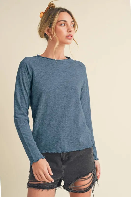 Aemi + Co Lettuce Hemline Round Neck Raglan Sleeve T-Shirt | Daverri Fashions