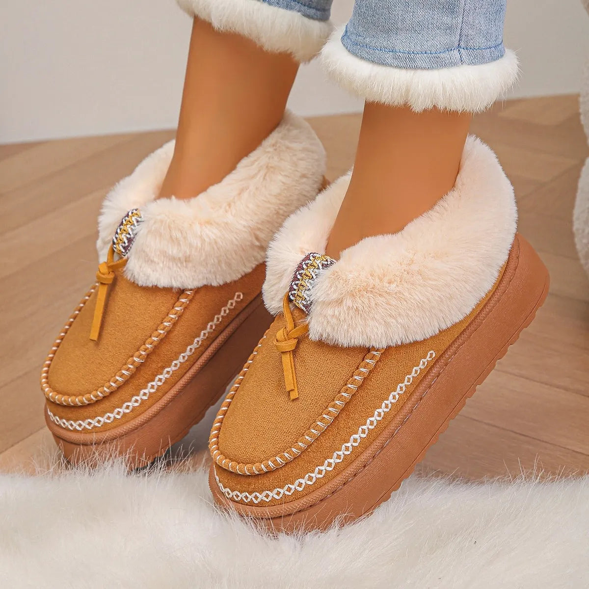 Camel Cozy Fur-Lined Winter Platform Boots | Boots Daverri Fashions