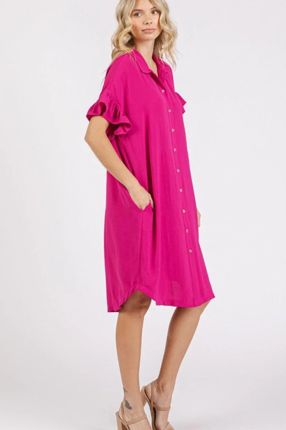 Mittoshop Button Down Flounce Sleeve Dress with Pockets - DAVERRI FASHIONS