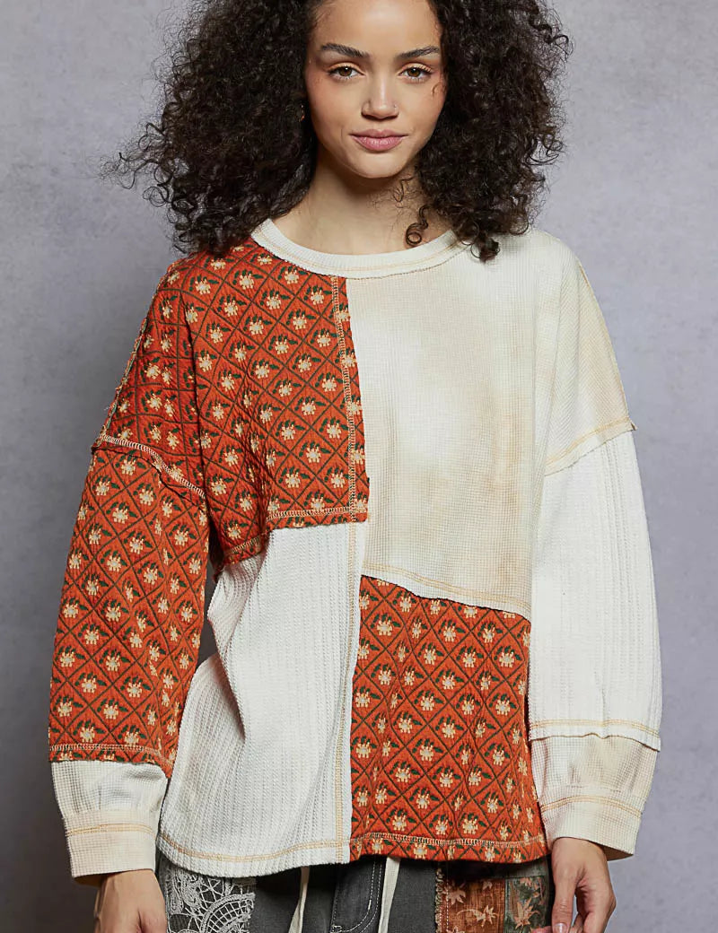 POL Contrast Patchwork Round Neck Long Sleeve Top | Tops Daverri Fashions