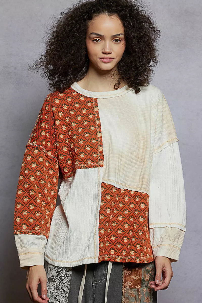 POL Contrast Patchwork Round Neck Long Sleeve Top | Tops Daverri Fashions