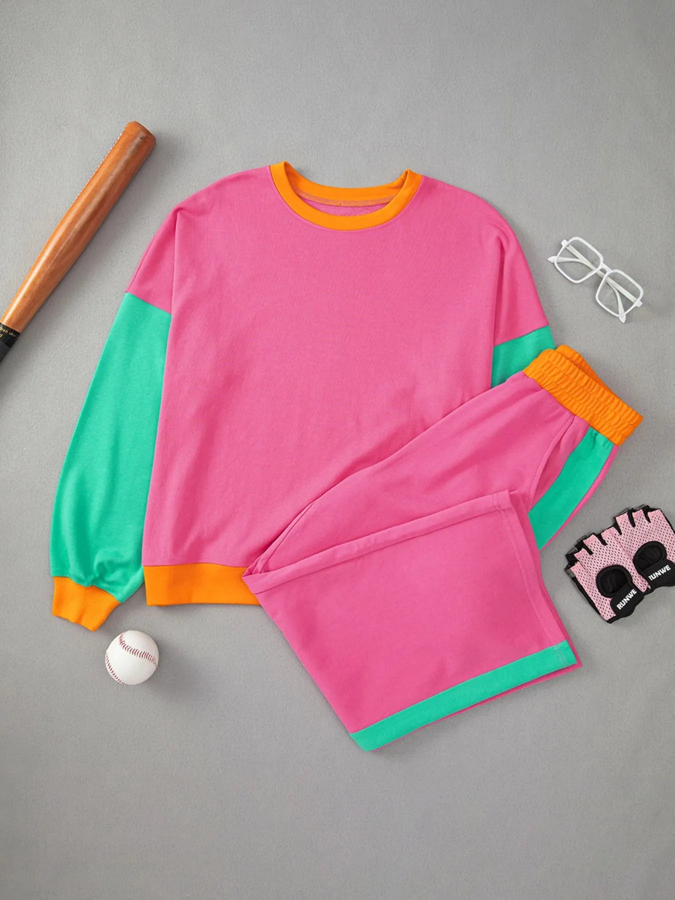 Color Block Round Neck Top and Pants Set | Loungewear Sets Daverri Fashions