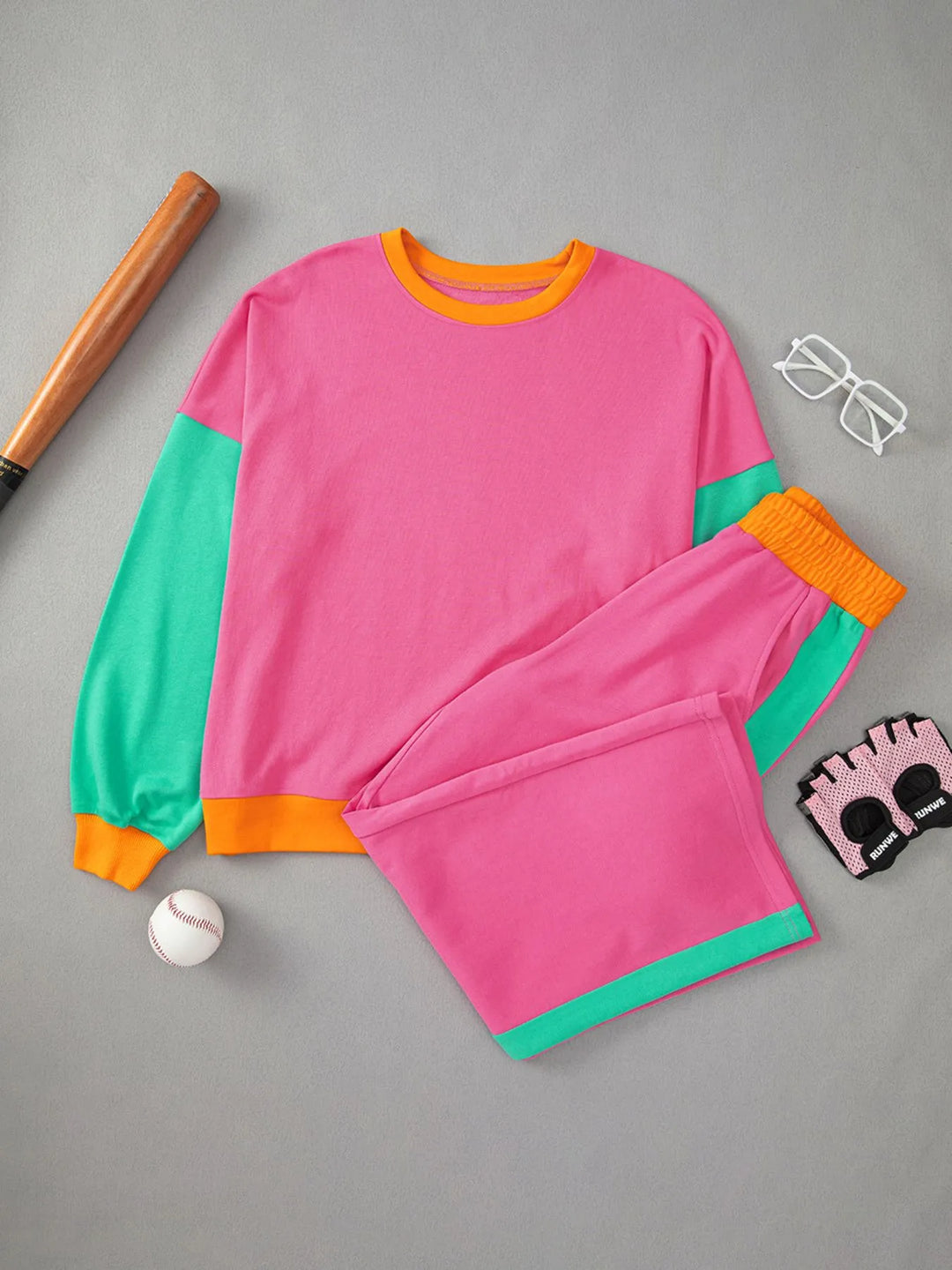 Color Block Round Neck Top and Pants Set | Loungewear Sets Daverri Fashions