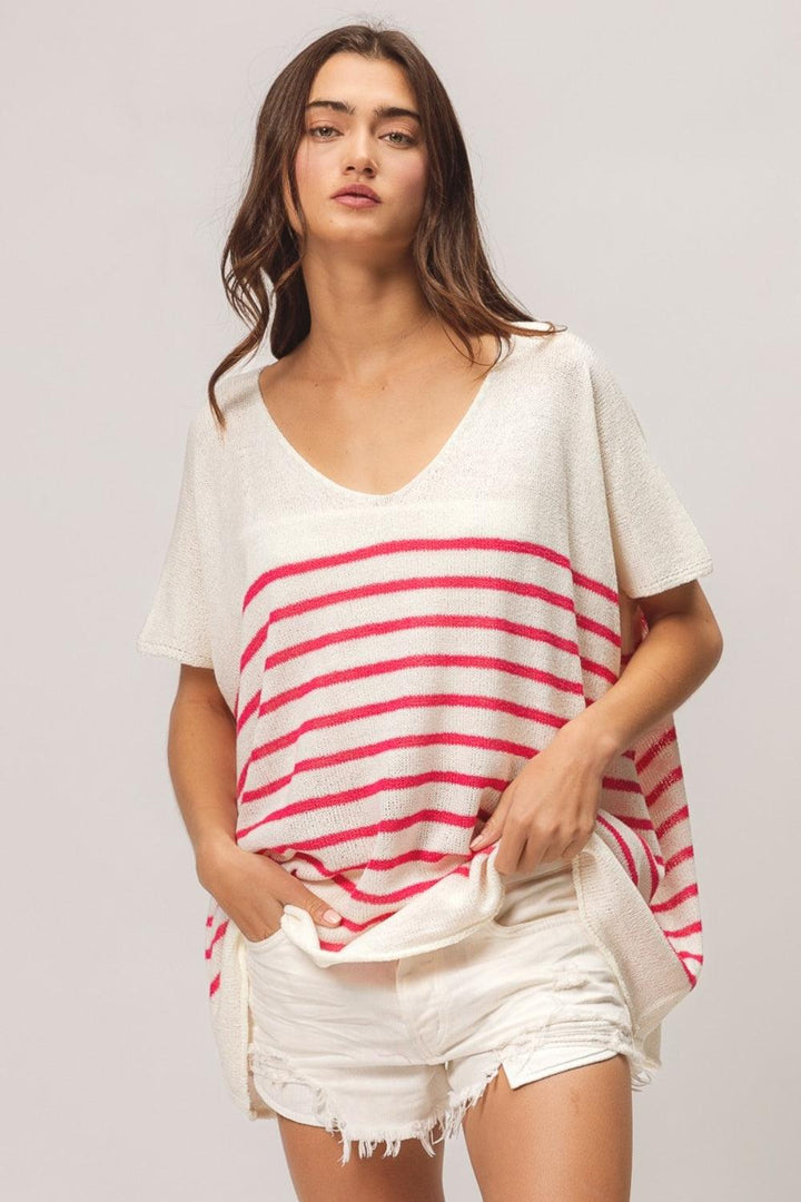 BiBi V Neck Striped Short Sleeve Top Shirts & Tops