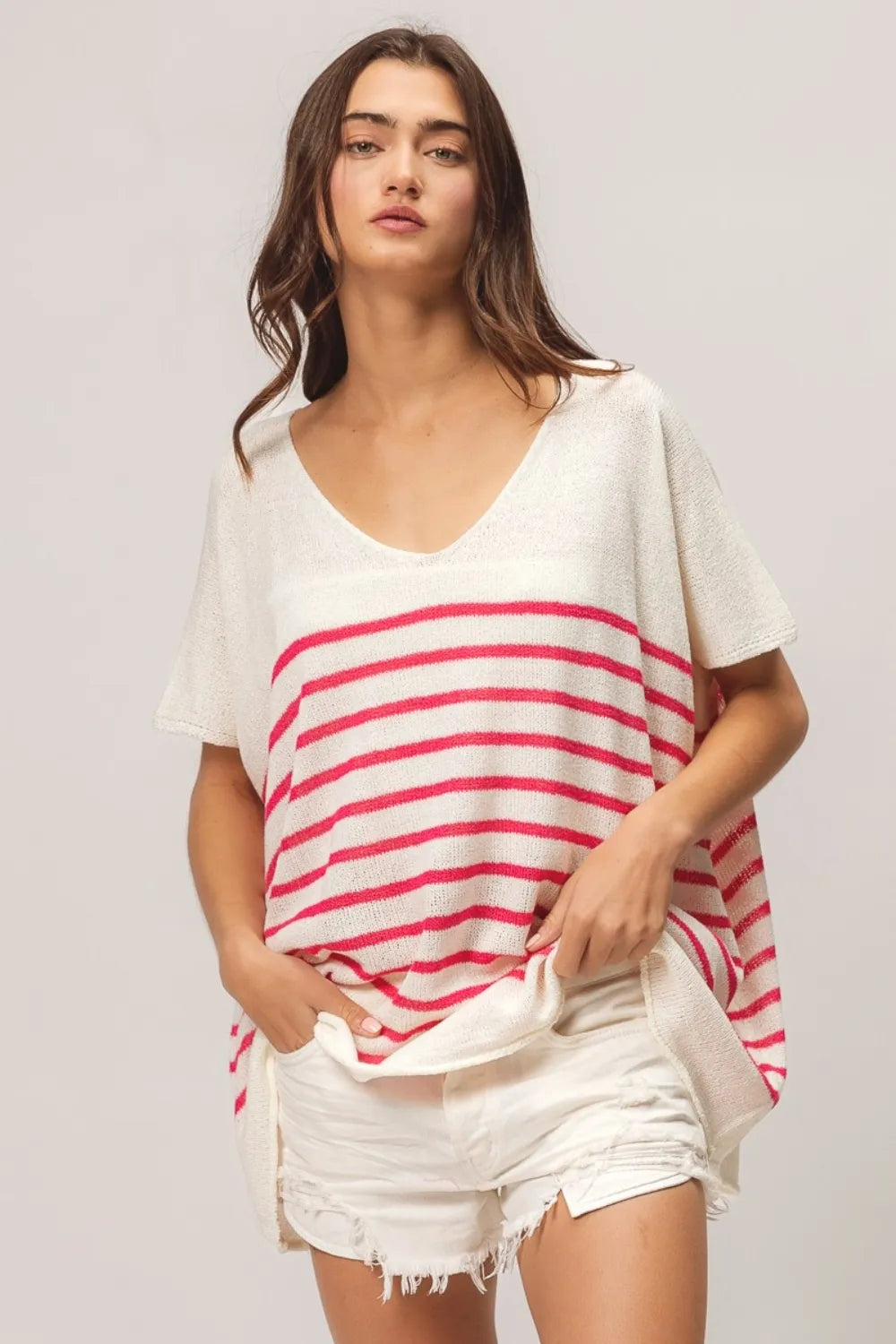 BiBi V Neck Striped Short Sleeve Top Tops